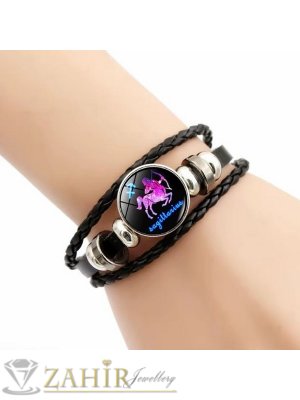 Гривна талисман със ЗОДИЯ СТРЕЛЕЦ с плочка 2 см и черна  ест. кожа, регулируема дължина, метални рингове - ZG1158